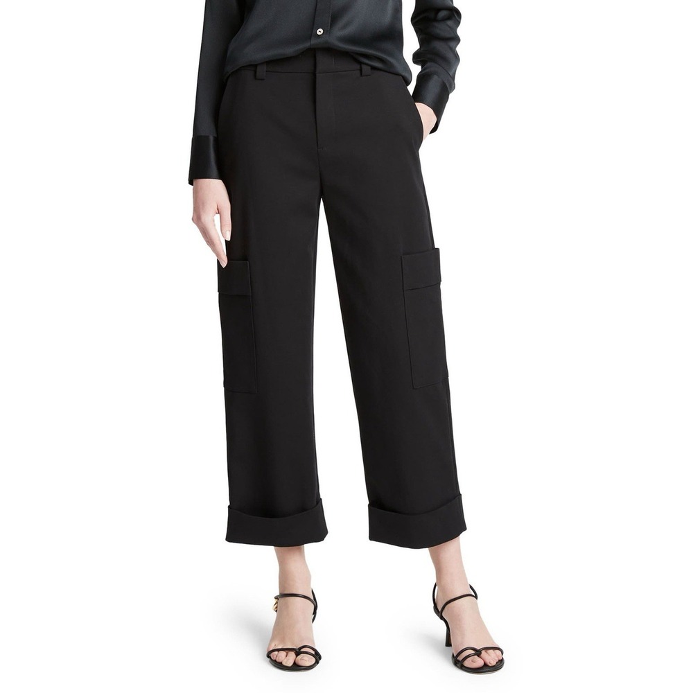 VINCE Women's Cotton Stretch Cropped Utility Pant Wide Leg Black Minimalist 12 - Picture 1 of 10
